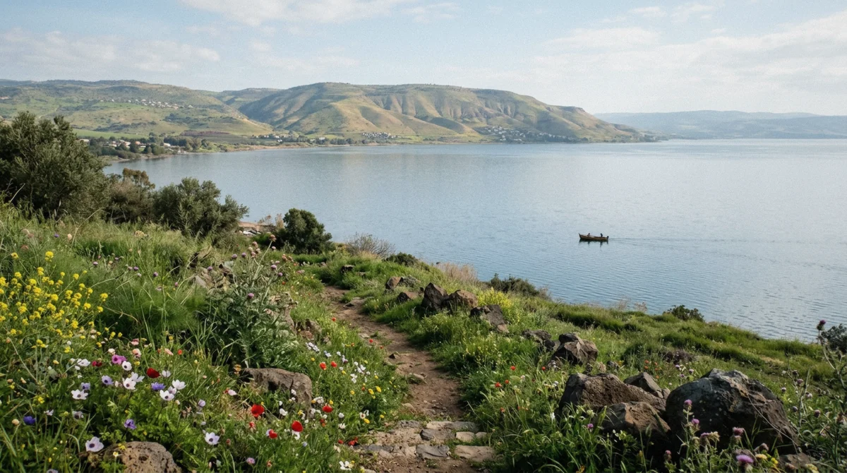 The Sea of Galilee from a hillside above Tabgha, the goal of a day from Jerusalem to the Sea of Galilee
