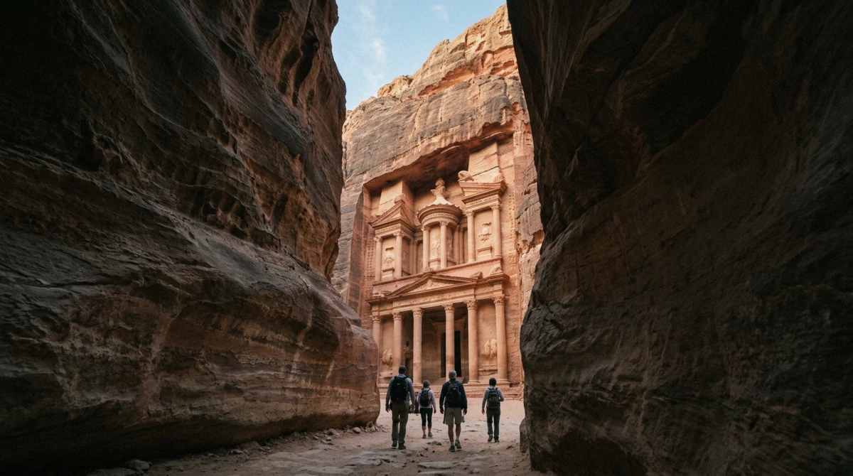 The Siq opening onto the Treasury at Petra, the goal of the trip from Jerusalem to Petra