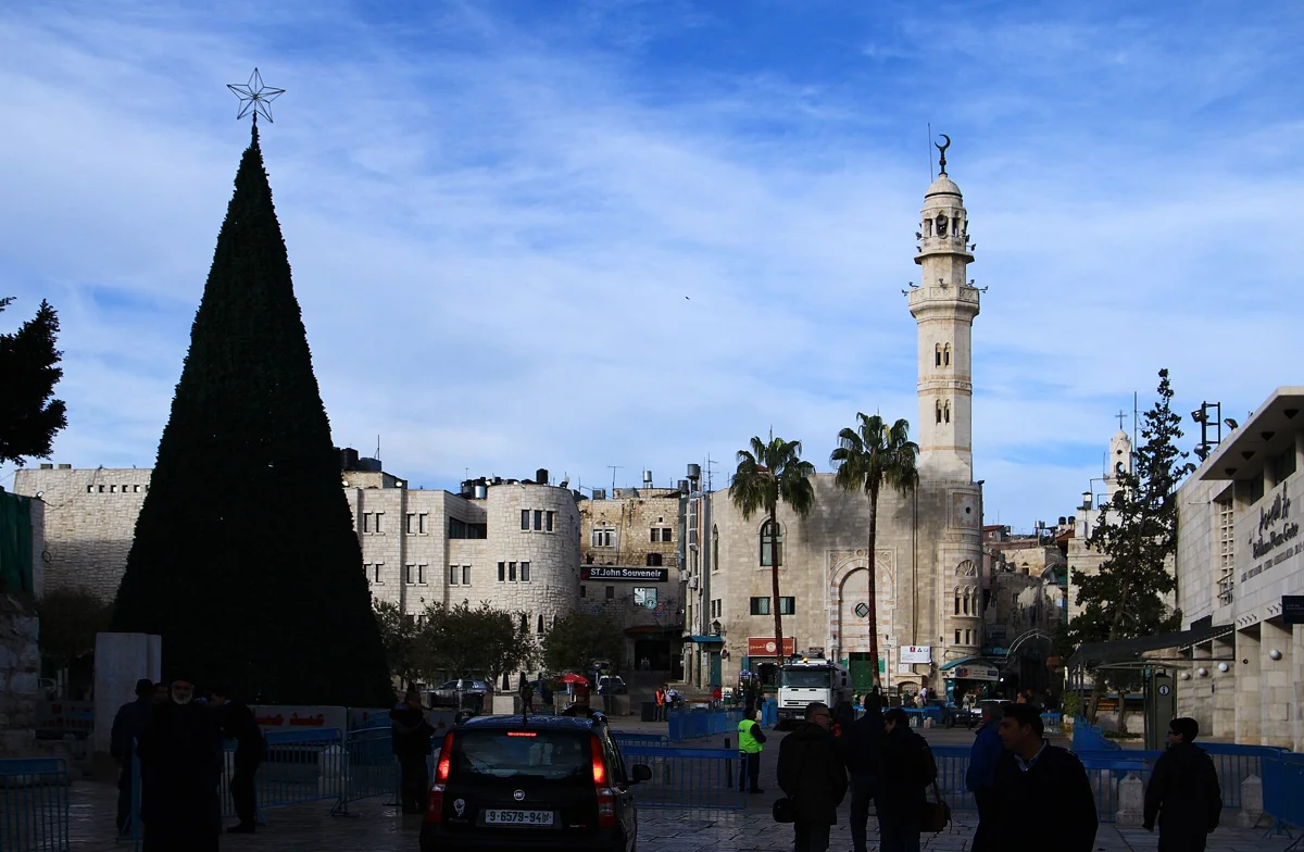 Manger Square in Bethlehem, where the walk or taxi ends after getting from Jerusalem to Bethlehem