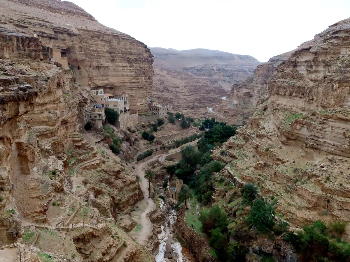 The St George monastery in Wadi Qelt, in the desert a Judean Desert jeep tour crosses